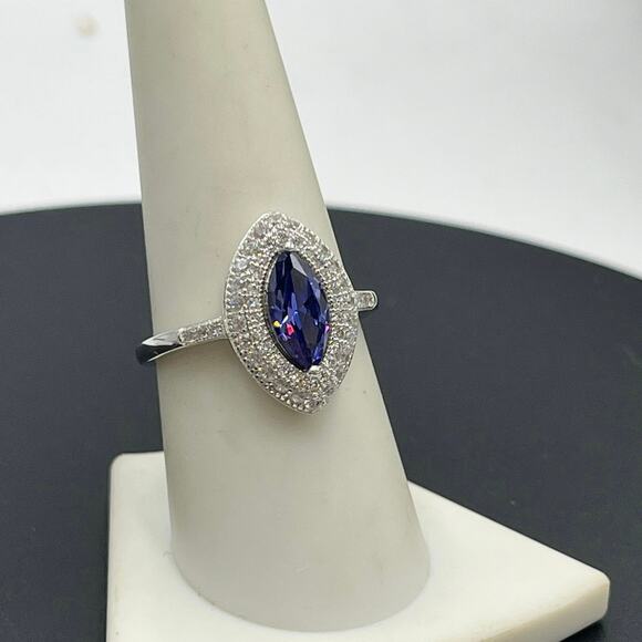 Sterling Silver Marquise Iolite CZ Double Halo Ring Size 8.75 Vintage Style - Picture 1 of 10